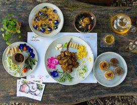 See Sunset at White Temple with Heartmade Meal in a Farm